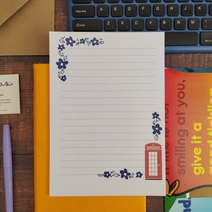 Cabina telefónica roja, 10 hojas de papel para escribir cartas impresas tamaño A5. Bonito juego de cartas londinenses. Papelería para amigos por correspondencia, amantes de la comida asiática y del correo postal