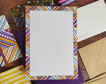 Multi color writing pad inspired by Mediterranean art. 120gsm recycled paper A5 notepad.  Gift for writers or snail mail lovers.