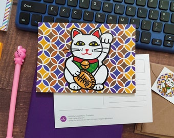 Maneki neko  - Lucky cat A6  travel postcard. Cute  Japanese culture mini print . Ideal for  postcrossing.