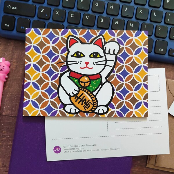 Maneki neko  - Lucky cat A6  travel postcard. Cute  Japanese culture mini print . Ideal for  postcrossing.