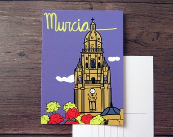 Murcia Cathedral illustrated postcard. Spain travel souvenir postcard print from Murcia, España.