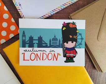 Autumn in London - A6  travel postcard featuring London landmark illustrations.  England gifts. Ideal for fall postcrossing.