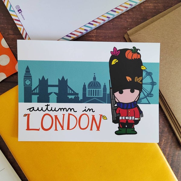 Autumn in London - A6  travel postcard featuring London landmark illustrations.  England gifts. Ideal for fall postcrossing.