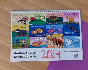 Positive animals monthly 2024 wall calendar. Cute, vibrant and motivational  original illustration planner for 2024. Funny letterbox gift