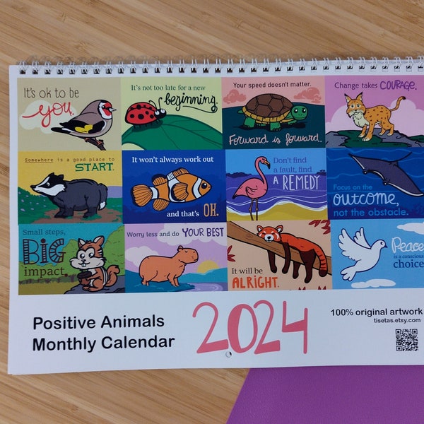 Calendrier mural mensuel 2024 animaux positifs. Agenda original d'illustrations mignon, dynamique et motivant pour 2024. Cadeau boîte aux lettres amusant