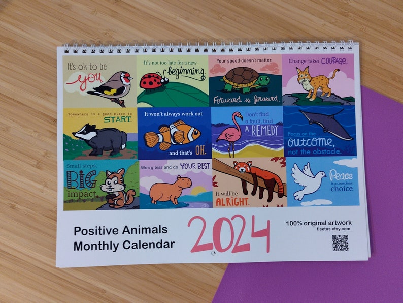 Positive animals monthly 2024 wall calendar. Cute, vibrant and motivational original illustration planner for 2024. Funny letterbox gift image 1