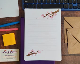 Pink sakura 8 sheets of A5 printed letter writing paper. Japan cherry blossom set. Cute spring stationery to send to friends and penpals.