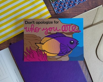 Cute postcard with fish and motivational quote. Great for positivity or mental health gift box. Colorful postcrossing and penpal stationary