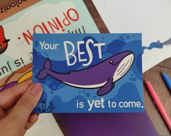 Positive quote card with cute whale illustration. Motivational card  for mood board or for care gift box. Cute mental health mini print.