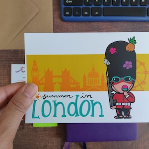 Summer in London - A6  travel postcard featuring London landmark illustrations.  England gifts. Ideal for fall postcrossing.
