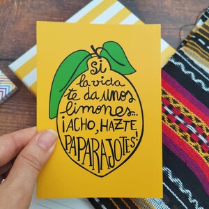 Spanish funny motivational quote 'Paparajotes' postcard. Lemon high quality card  for Spain food lover. Murcia España yellow print.