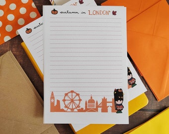 Autumn in London 10 sheets of A5 printed letter writing paper. Happy mail letter set. Penpal and snail mail lovers stationary