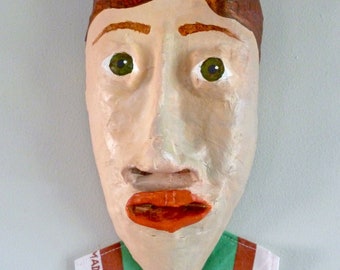 Paper Maché wall art face - brown, green and white collar