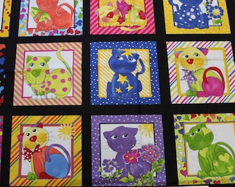Cat Happy on Black 100% Cotton Fabric Panel by Loralie Designs Sold by the Yard