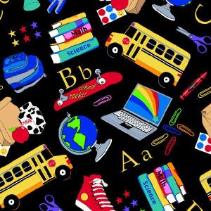 Tossed School Supplies 100% Cotton Kids Bus, Books, Globe Quilt Fabric by Fabric Traditions  Sold by the Yard