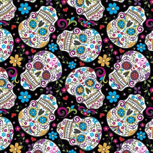 Folkloric Sugar Skulls on Black 100% Cotton fabric by David Textiles Sold by the yard