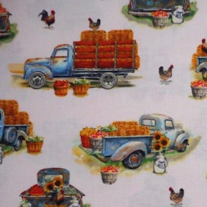 Blue Farm Trucks & Chickens 100% Cotton Fall Fabric Remnant Sold by the Piece