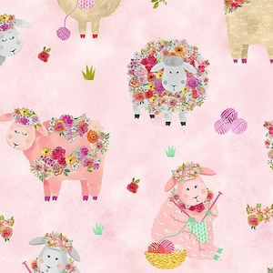 Knitting Goddess Knitting Sheep and Flowers on Pink 100% Cotton Fabric Remnant  31&quot;x4&quot; piece Sold by the Piece