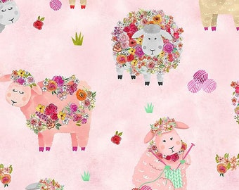 Knitting Goddess Knitting Sheep and Flowers on Pink 100% Cotton Fabric Remnant  31&quot;x4&quot; piece Sold by the Piece