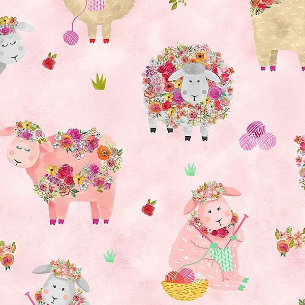 Knitting Goddess Knitting Sheep and Flowers on Pink 100% Cotton Fabric by Gail Cadden for Timeless Treasures Sold by the Yard