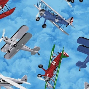 Biplanes on Blue Sky 100% Cotton 21&quot; x 44&quot; Fabric Remnant from Fabric Traditions Sold by the Piece