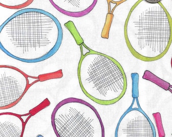Loralie Tossed Tennis Rackets on White 100% Cotton Fabric Sold by the Yard