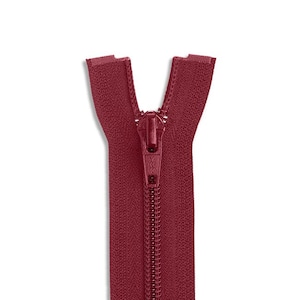 May include: A burgundy zipper with a metal slider. The zipper is closed and ready to be sewn into a garment.