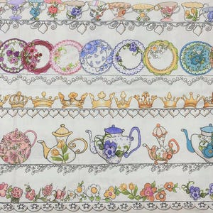 May include: White fabric featuring a repeating pattern of teacups, saucers, crowns, teapots, and floral designs. The teacups and teapots are in various colors, including pink, blue, and yellow. The fabric has a vintage, whimsical aesthetic.