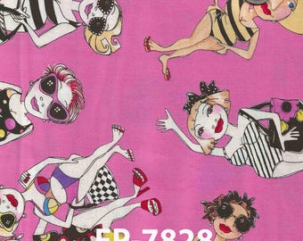 Beach Beauties on Pink Cotton Fabric by Loralie Harris Sold by the Yard