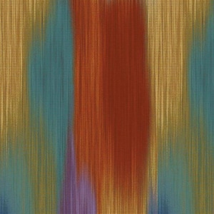 Op de afbeelding: Abstract kunstwerk met verticale kleurstroken. Het kunstwerk heeft een textuur met een mix van tinten, waaronder goud, blauwgroen, oranje en paars. Het ontwerp heeft een geweven of stoffen kwaliteit.