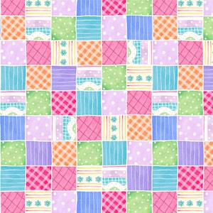 Puede incluir: Un patrón de colcha de retazos colorido con cuadrados de color rosa, verde, azul y morado. Los cuadrados tienen diferentes patrones, incluyendo lunares, rayas y cuadros.