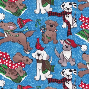 Christmas Cuties Tossed Dogs on Blue with Glitter qui100% Cotton Quilt Fabric Sold by the Yard