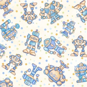 Peut inclure: Un fond blanc avec des robots bleus et jaunes. Les robots sont de formes et de tailles différentes, et certains ont des antennes. Le fond est recouvert de petits points bleus et jaunes.