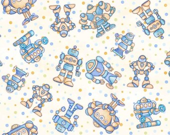 Könnte beinhalten: Ein weißer Hintergrund mit blauen und gelben Robotern. Die Roboter sind alle in verschiedenen Formen und Größen, und einige haben Antennen. Der Hintergrund ist mit kleinen blauen und gelben Punkten bedeckt.