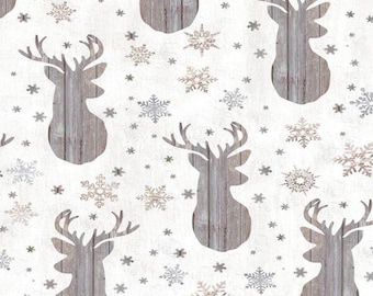 Rustic Reindeer Heads on White 100% Cotton fabric from Timeless Treasures Sold by the yard