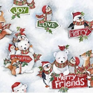 Merry Friends Christmas on White 100% Cotton fabric by Susan Winget for Springs Creative Sold by the yard