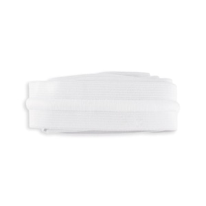 May include: A tightly rolled, white elastic band, likely for sewing or crafting. The band is made of a woven material, and the edges are neatly finished. The white color suggests a clean, versatile design suitable for various projects.