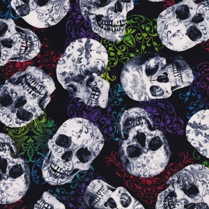 Skulls and Multi-colored Design on Black 100% Cotton Halloween Fabric Sold by the Yard