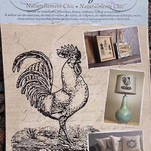 May include: A decorative craft sheet with the words "Naturally Chic" and images of a rooster, framed dress forms, scissors, a lamp, and pillows. The rooster is a black and white illustration. The sheet is designed for lampshades, pillowcases, frames, and crafts.