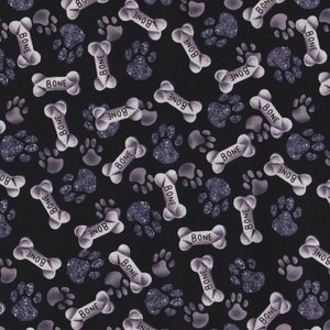 Paws and Bones on Black 100% Cotton Fabric Sold by the Yard