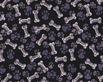 Paws and Bones on Black 100% Cotton Fabric Sold by the Yard