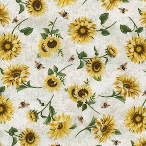 Honey Bee Farm Tossed Sunflowers and Bees on Cream 100% Cotton Fabric from Timeless Treasures Sold by the Yard