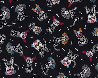 Sugar Skull Dogs on Black 100% Cotton Halloween Fabric by Hi-Fashion Fabrics Sold by the Yard