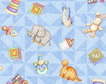 Lullaby Tossed Toys on Blue 100% Cotton Fabric by Dan Morris for Quilting Treasures Sold by the Yard