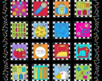 Sew Happy on Black or White Background 100% Cotton 24&quot; Fabric Panel Great for Pin Cushions by Kim Schaefer for Andover Fabrics