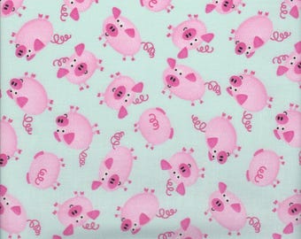 Kid's Time Pigs on Aqua Fabric  by Choice Fabrics Sold by the Yard