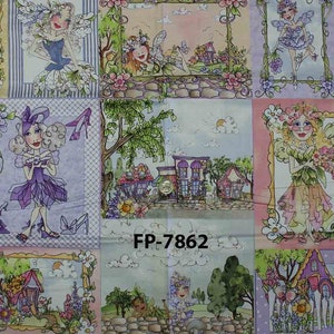 Puede incluir: Un panel de tela colorido con un patrón repetitivo de hadas en varias poses y entornos. Las hadas se representan en un estilo caprichoso con flores, casas y otros elementos inspirados en la naturaleza. El panel de tela presenta el texto "FP-7862".