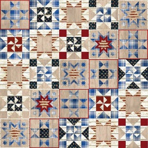 Pode incluir: Um design de colcha de retalhos com uma variedade de estrelas e quadrados vermelhos, brancos e azuis. A colcha é feita de uma variedade de tecidos, incluindo denim, xadrez e tecidos listrados. A colcha é colocada sobre um fundo de grão de madeira.