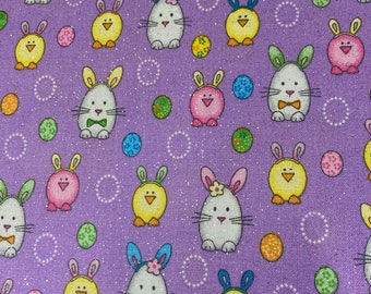 Easter Egg Bunnies & Chicks on Purple 100% Cotton Fabric by Fabric Traditions Sold by the Yard