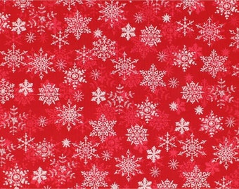 Merry Christmas Snowflakes on Red Cotton Fabric by Choice Fabrics Sold by the Yard